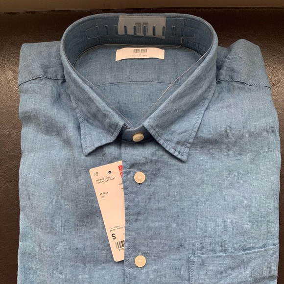 NWT Uniqlo premium French linen blue button down shirt full sleeves Mens S / M - Picture 6 of 7